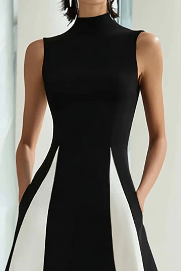 Elegant A-Line Black and White High Neck Long Formal Dress